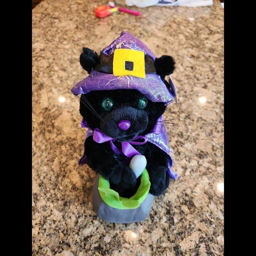Animated & Singing Halloween Black Cat w/ Green Eyes Sound N Light Animatronics